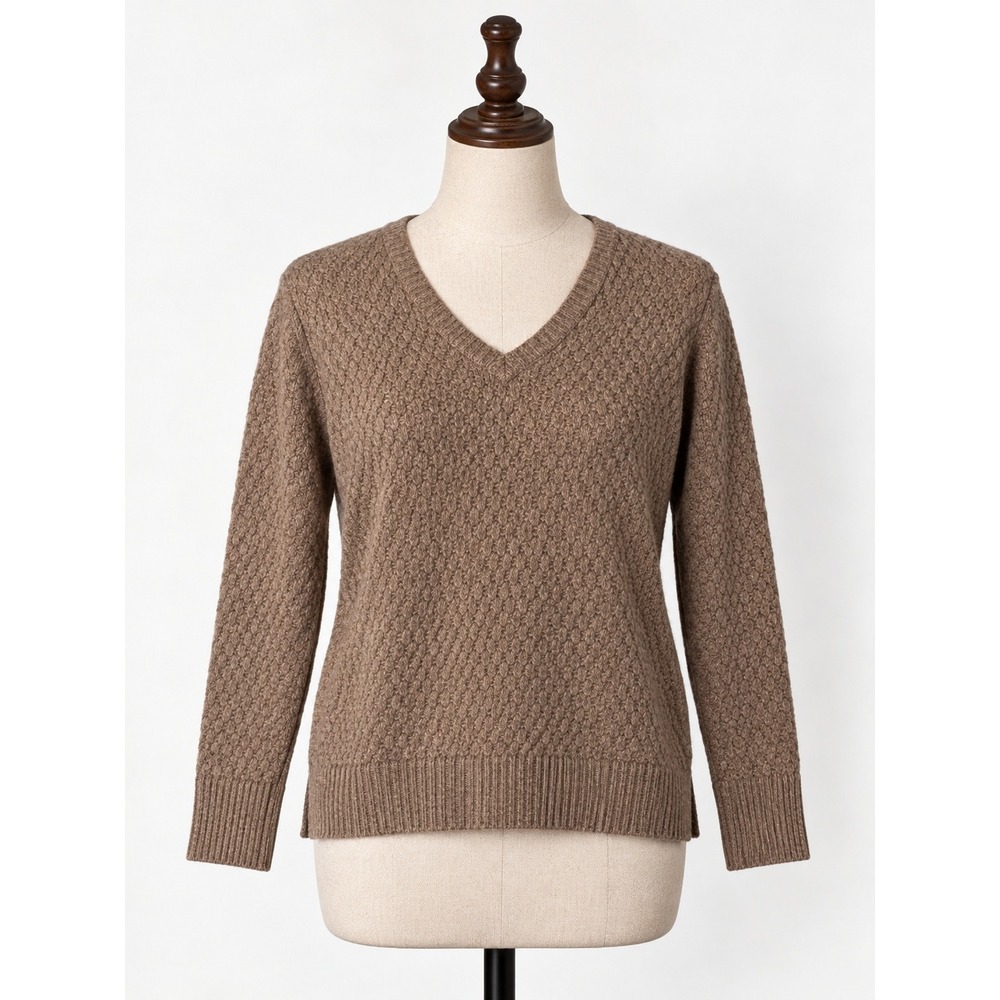 Natural Reflections Brown V-Neck Textured Knit Wool Blend Sweater Small